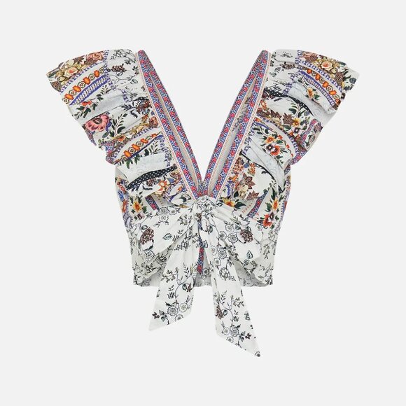 Deep V Frill Short Sleeve Top Cropped Shirt in "My Folk Art Heart" print - Picture 5 of 16